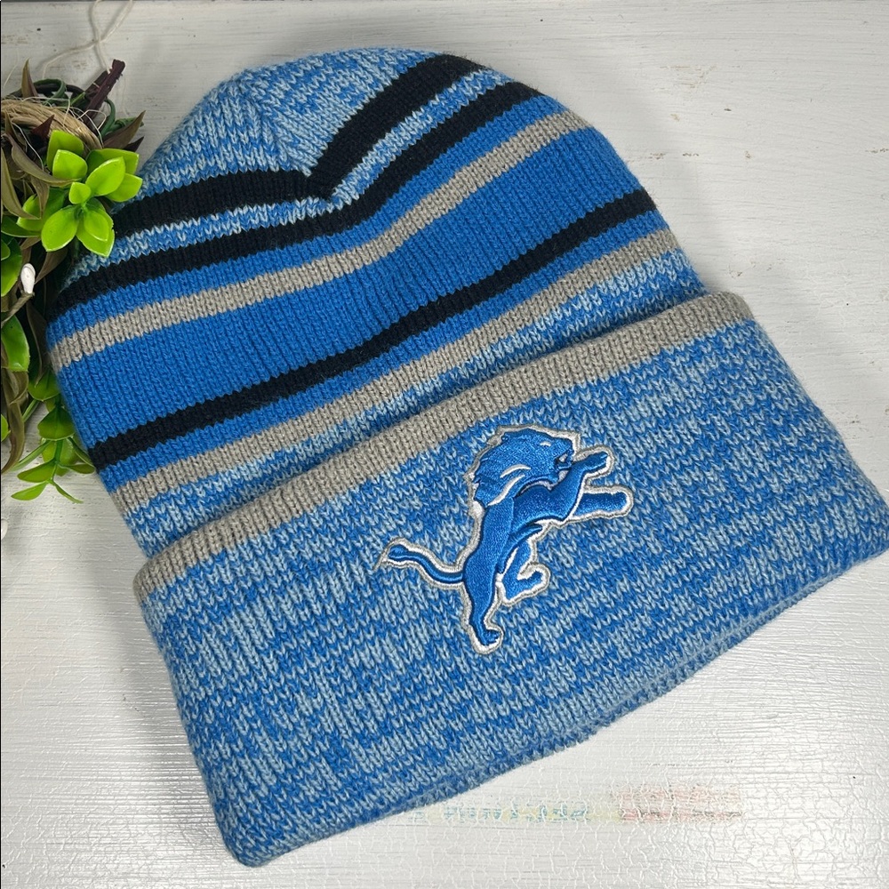 NFL Detroit Lions Blue and Gray Striped Hat Embroidered Lions Logo Football Hat